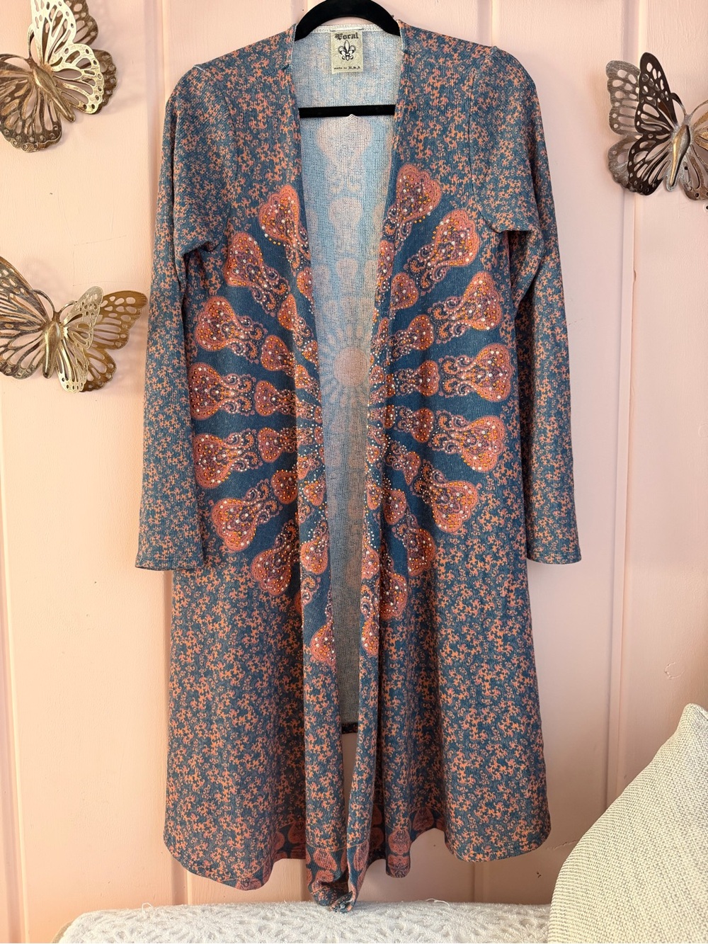 Vocal Denim Blue and Soft Coral Knit cardigan duster SzM